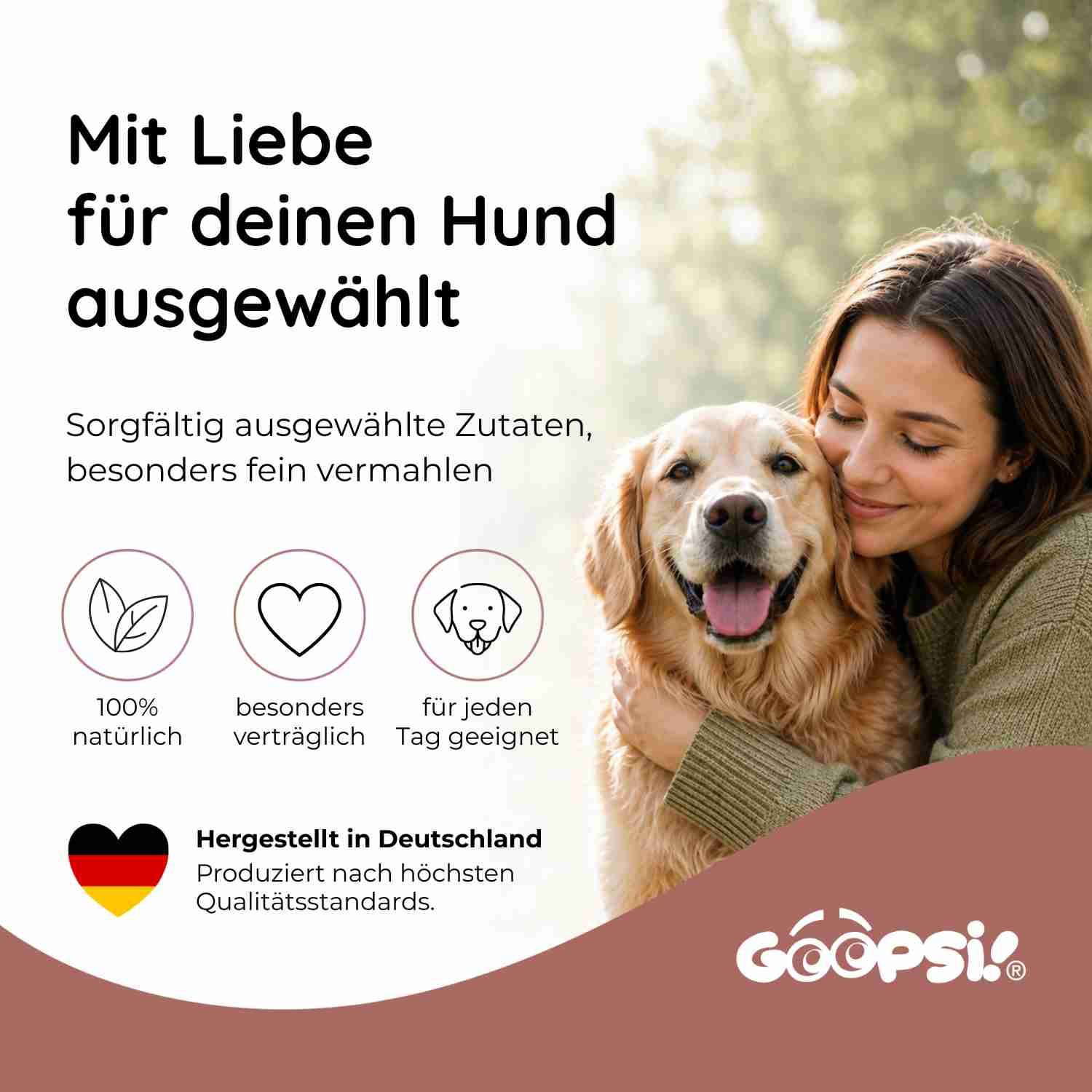 Frau umarmt Golden Retriever, "Mit Liebe für deinen Hund ausgewählt" steht oben.