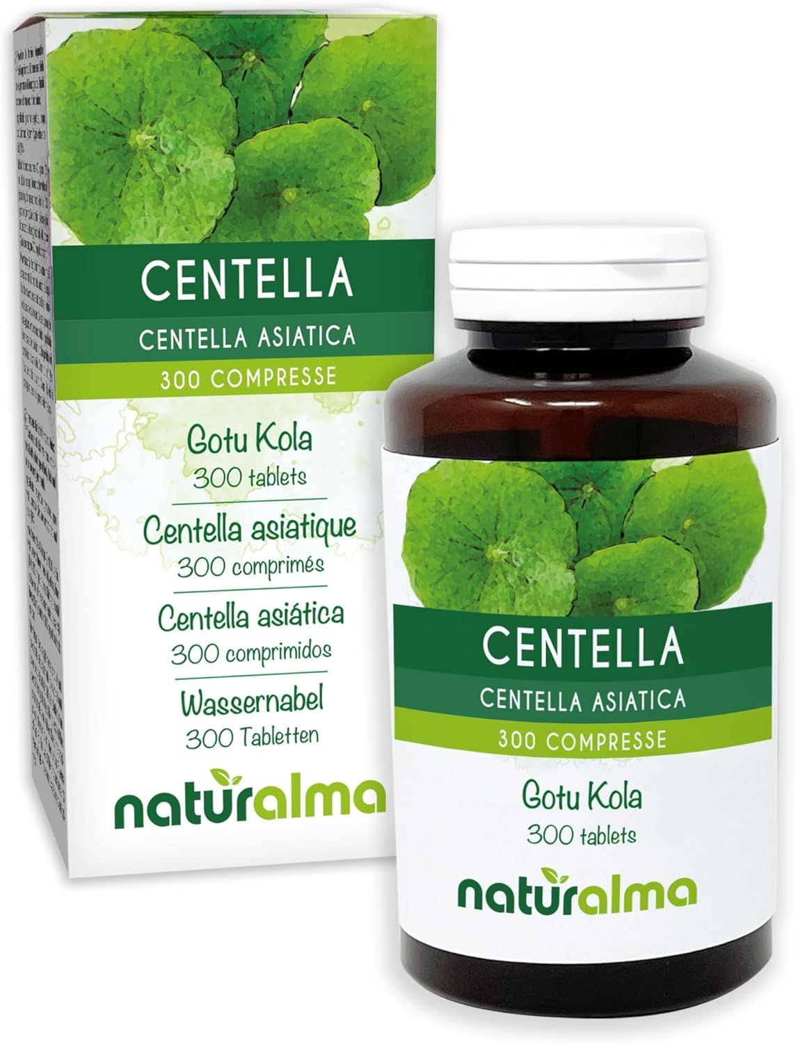 Eine Flasche und eine Schachtel mit Tabletten. Aufschrift: Centella, Gotu Kola, 300 Tabletten. Logo von Naturalma.
