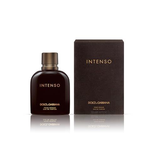 Dunkelbraune Flasche und Schachtel. Aufschrift: Intenso, Dolce & Gabbana, Pour Homme Eau de Parfum. Flasche mit goldfarbenem Verschluss.