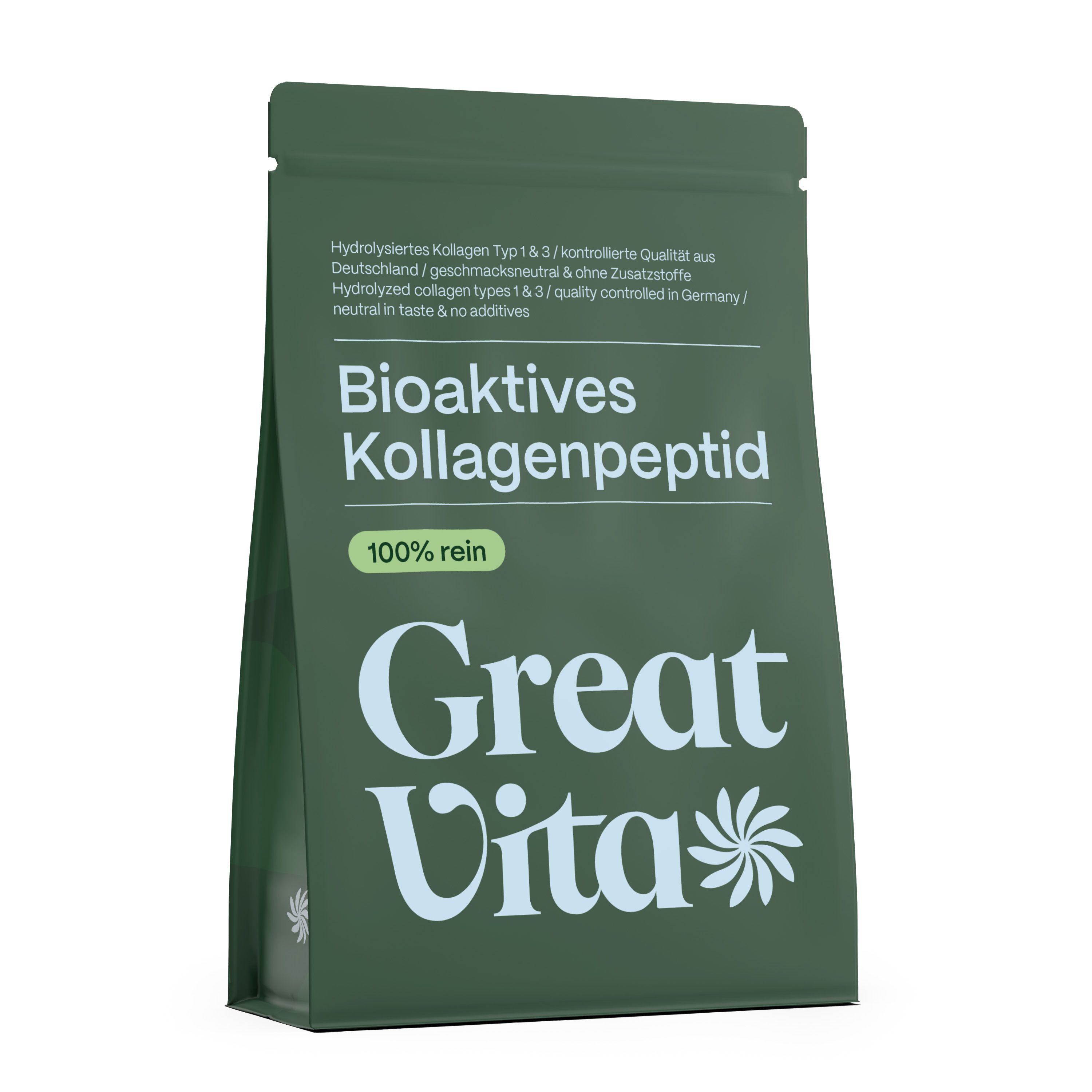 Grüne Verpackung von GreatVita Kollagen Pulver. Aufschrift: Bioaktives Kollagenpeptid, 100% rein. Logo GreatVita.