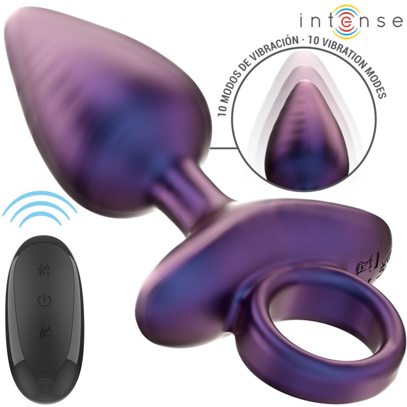 Lila Anal Plug mit weißem Schaft und Ring. Fernbedienung. Text: 10 Vibration Modes. Marke: Intense.