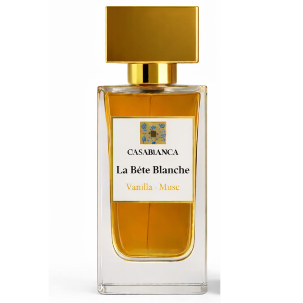 Parfumflakon mit goldfarbenem Verschluss. Aufschrift: Casablanca La Bête Blanche, Vanilla - Musc.
