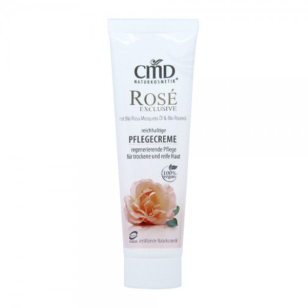 Weiße Tube mit Produktnamen CMD Rosé Exclusive Pflegecreme. Abbildung einer Rose. Text: reichhaltige Pflege, 100% vegan.