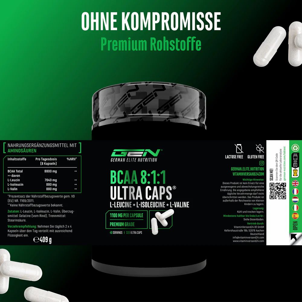 Produkt mit Etikett. Enthält: GEN, BCAA 8:1:1 Ultra Caps, 1100 mg pro Kapsel, Premium Grade. Mit Nährwertangaben.