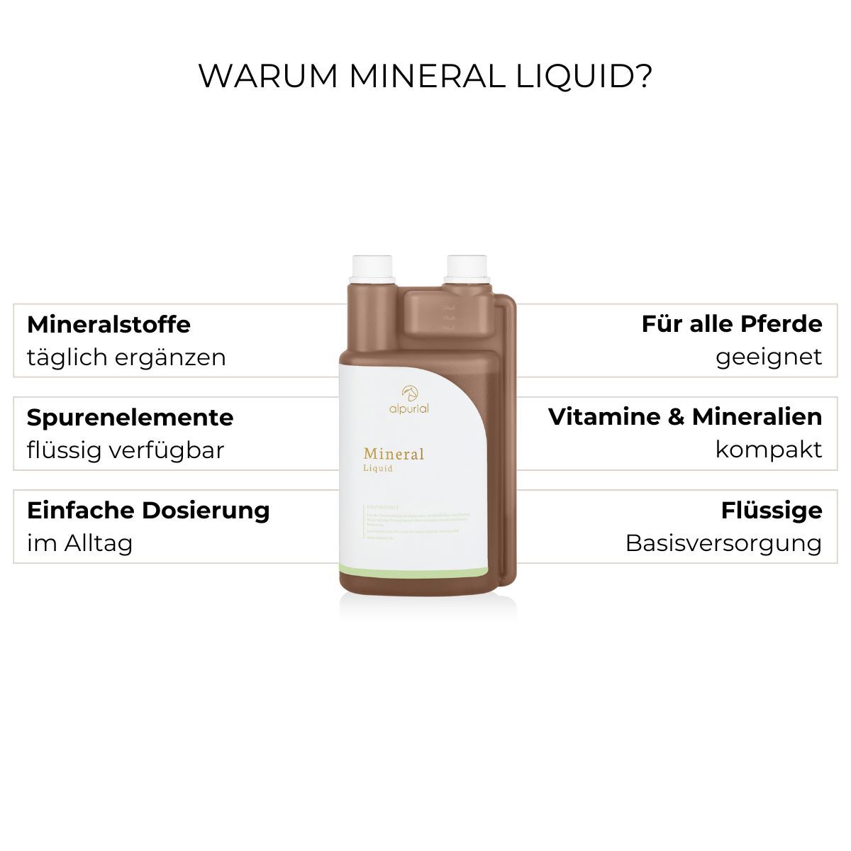 Grafik mit Flasche und Text: Mineralstoffe, Spurenelemente, einfache Dosierung, für alle Pferde, Vitamine & Mineralien, flüssige Basisversorgung.