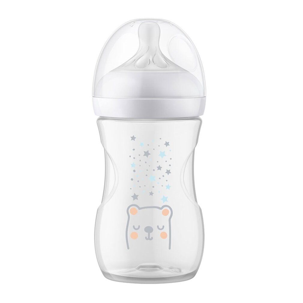 Babyflasche mit weißem Deckel und Sauger. Sternenmuster und Bären-Illustration.