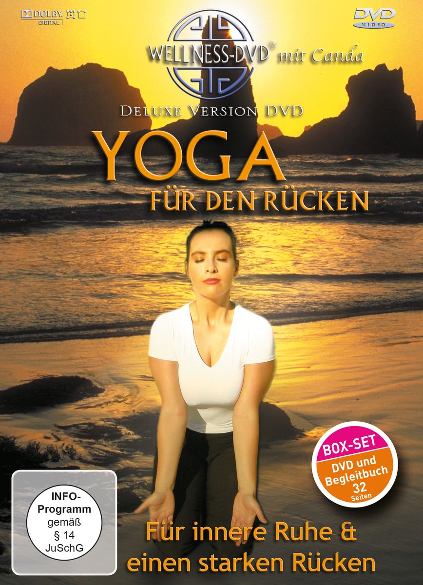 DVD-Hülle mit Titel "Yoga für den Rücken". Frau in Yoga-Pose am Strand. Text: Deluxe Version DVD, Wellness-DVD mit Canda.