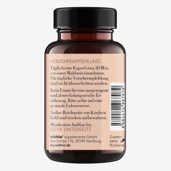 Rückseite der braunen Flasche Skin Glow. Text: Verzehrempfehlung, Zutaten, Mindesthaltbarkeit, mywithin.de.