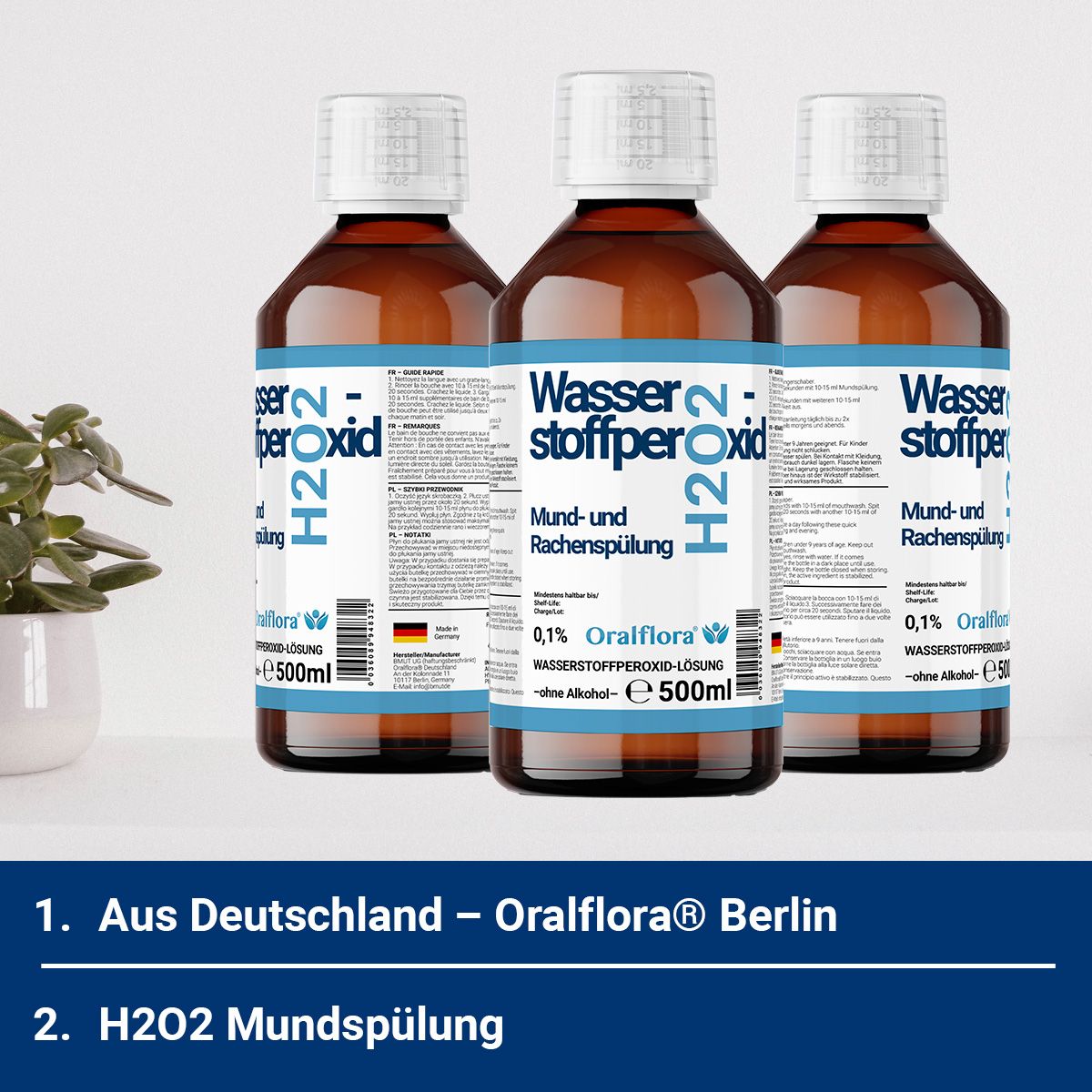 Drei braune Flaschen mit weißem Deckel. Beschriftung: Wasserstoffperoxid H2O2, Mund- und Rachenspülung, 0,1% Oralflora.