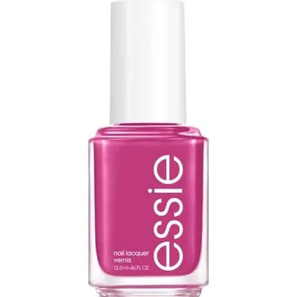 Nagellackflasche mit weißem Deckel. Rosa Lack, Etikett mit 'essie' und 'vernis'.