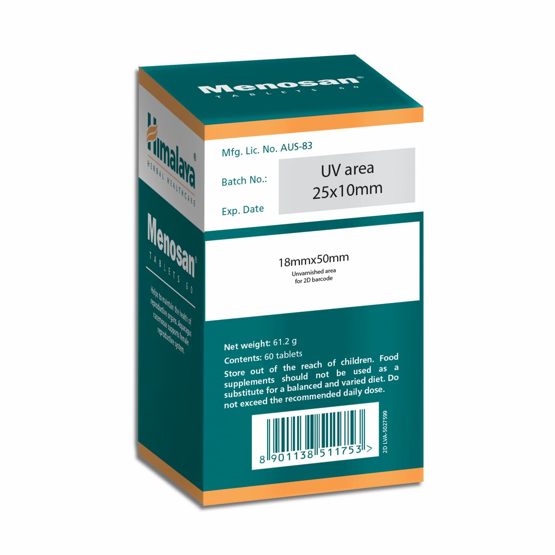 Menosan Tabletten-Verpackung. Grün-weißes Karton mit Produktnamen und Himalaya-Logo. Enthält 60 Tabletten. Angaben zu Inhaltsstoffen und Gewicht.