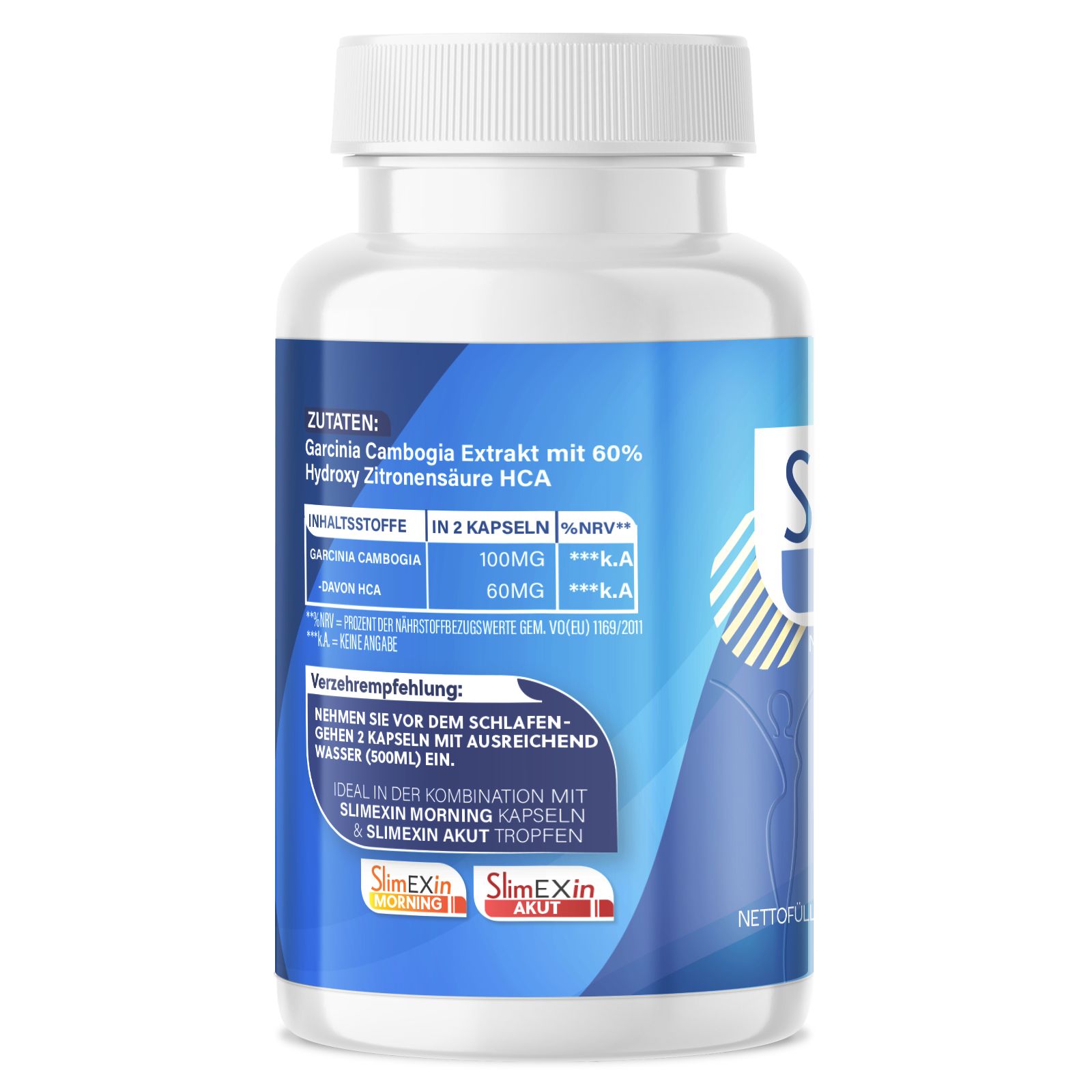 Rückseite der SlimEXin Night Flasche. Zutaten: Garcinia Cambogia Extrakt, Hydroxyzitronensäure. Dosierung und Hinweise.