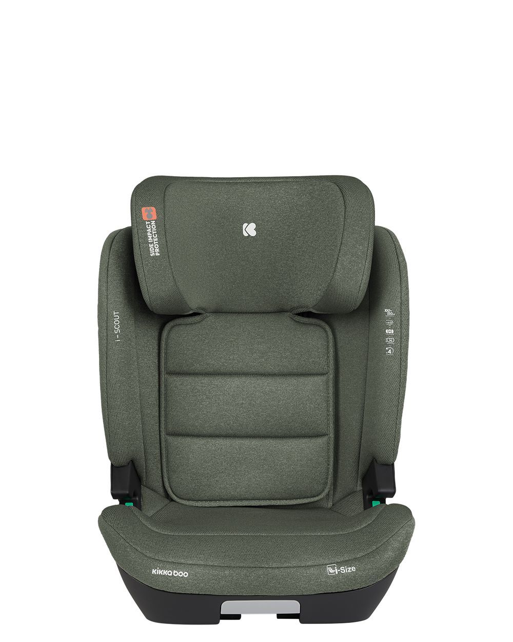 Grüner Kindersitz mit verstellbarer Kopfstütze, Seitenaufprallschutz und gepolsterter Sitzfläche.