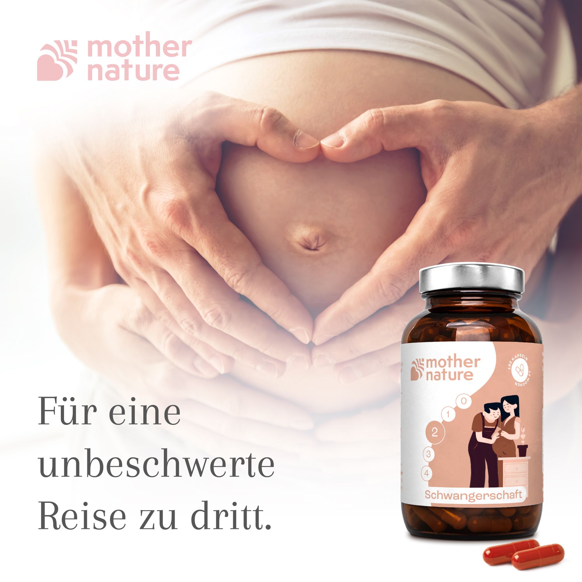 Braune Flasche mit Kapseln. Aufschrift: Mother Nature. Hände formen Herz über Schwangerschaftsbauch. Rote Kapseln daneben.