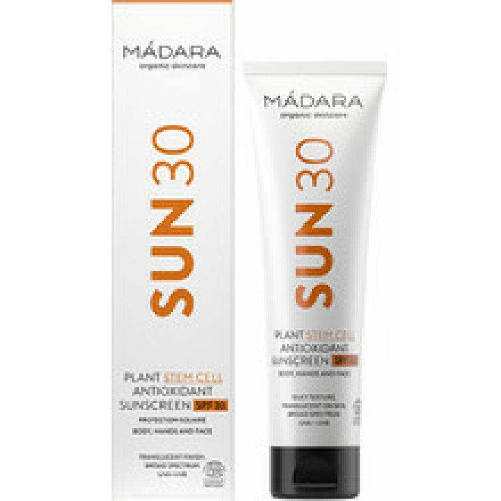 Sonnenschutzmittel in Tube und Schachtel. Aufschrift SUN 30 und Madara. Antioxidans Sonnenschutzmittel SPF 30.