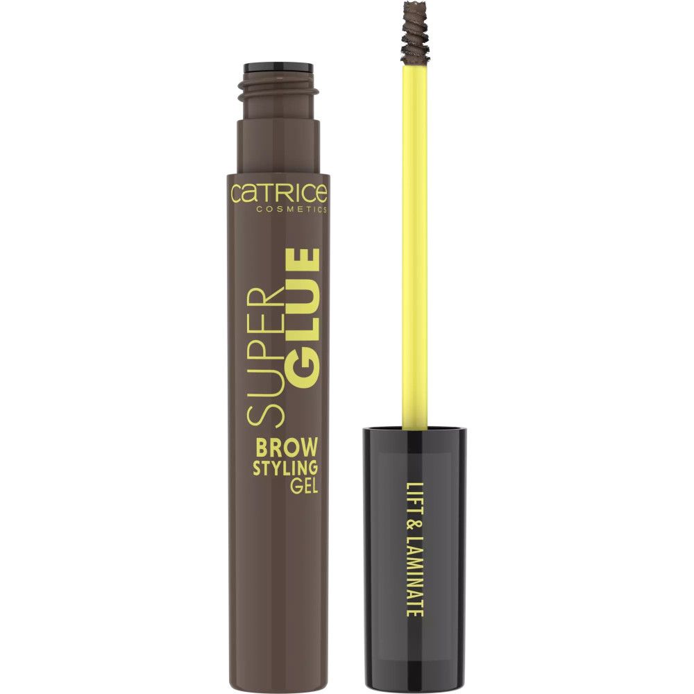 Brauen-Gel-Mascara. Braune Tube mit gelbem Schriftzug SUPER GLUE. Schwarze Kappe mit gelbem Schriftzug LIFT & LAMINATE. Gelbe Bürste.