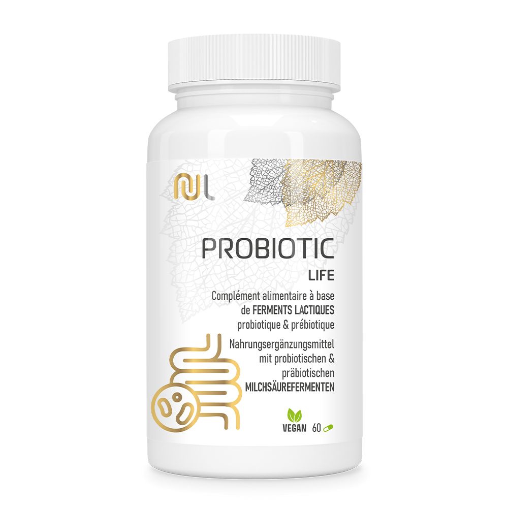 Weiße Pillenflasche mit Produktetikett. Text: PROBIOTIC LIFE. Vegan 60 Kapseln. Darmflora Balance.