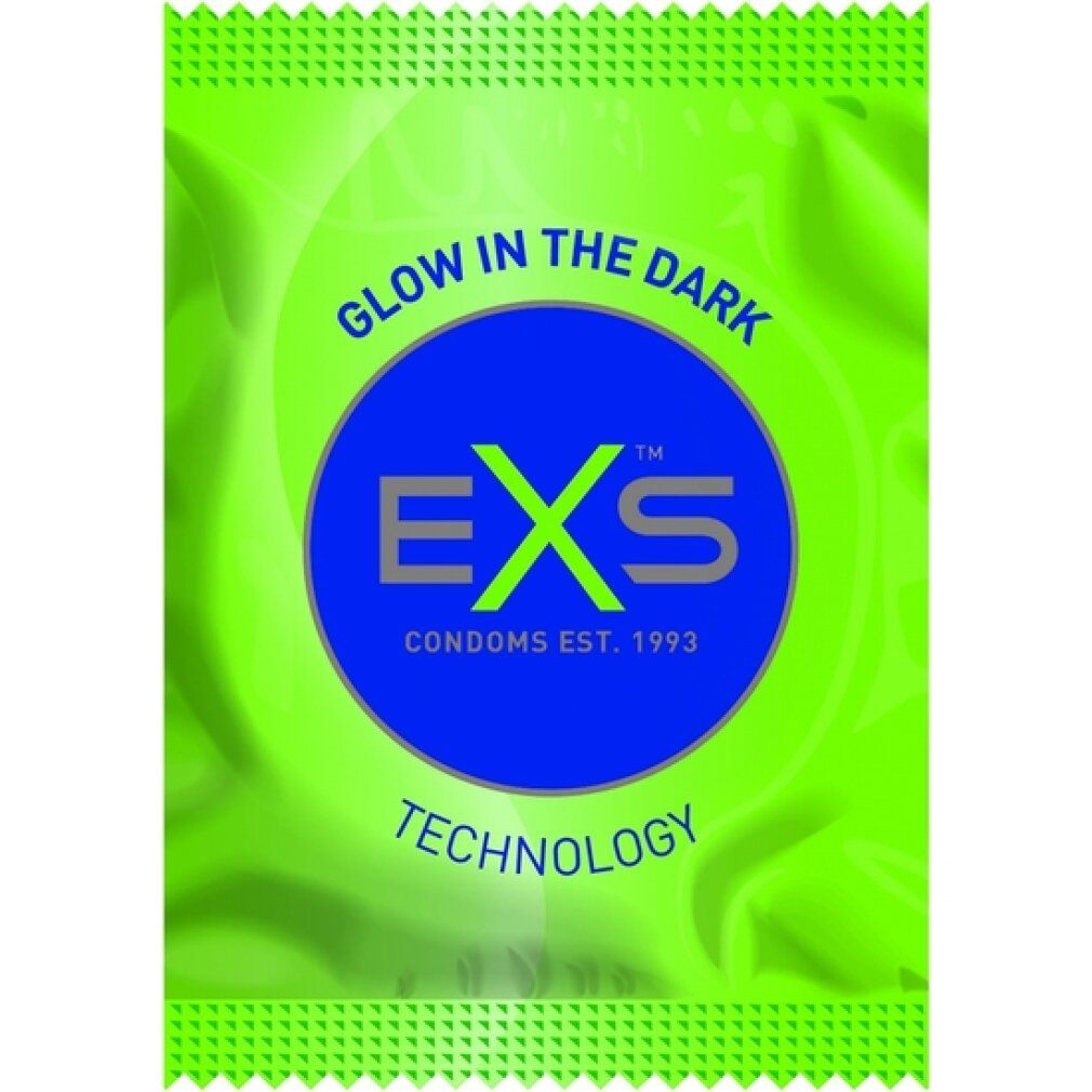 Einzelnes, grünes Kondom-Päckchen mit EXS-Logo und 'Glow in the Dark'.