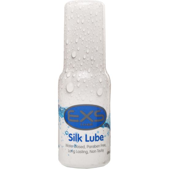Klarflüssiges Gleitmittel in einer weißen Flasche. Blaue ovale Markierung mit "EXS". Darunter "Silk Lube". Wasserbasiert, parabenfrei, langanhaltend, nicht klebrig.