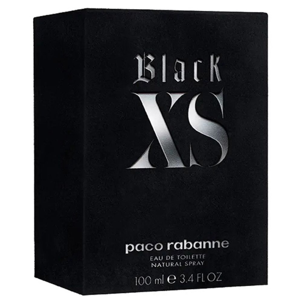 Schwarzer rechteckiger Karton. Aufschrift "Black XS" und "paco rabanne". Unten "Eau de Toilette".