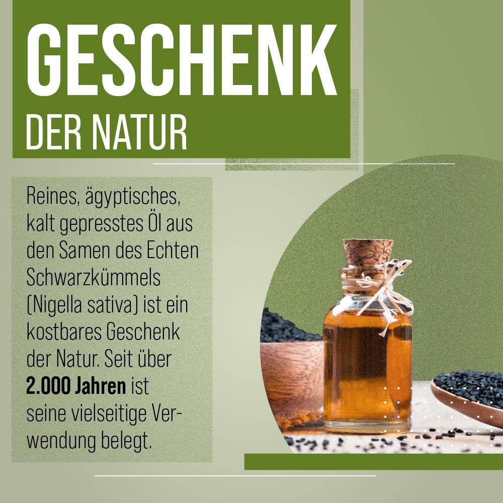 Glasflasche mit Öl und Korken, daneben Schale mit Samen. Text: Reines ägyptisches Öl aus Schwarzkümmel. Geschenk der Natur.