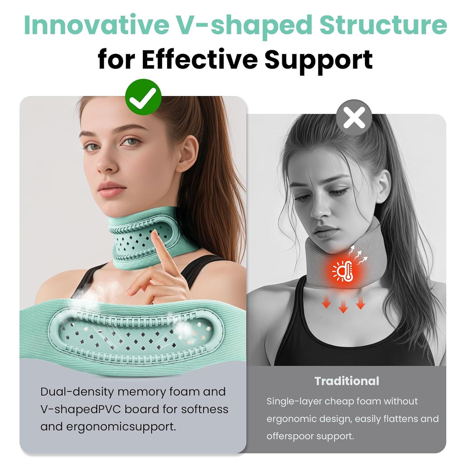 Halsstütze in Mintgrün. Vergleich: V-förmige Struktur vs. traditionelle Stütze. Text: Dual-Density-Schaumstoff, ergonomisch.