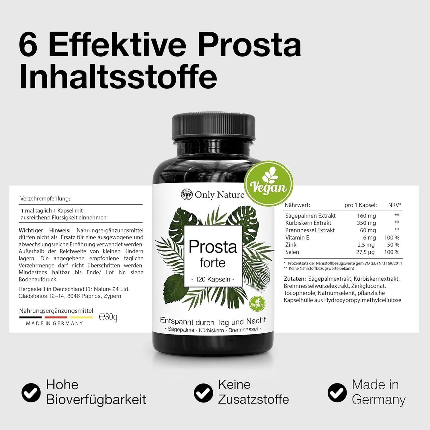 Only Nature® Prosta Kapseln - Einzigartige mit Kürbis, Sägepalm, Brennnesselwurzel und Vitamin E