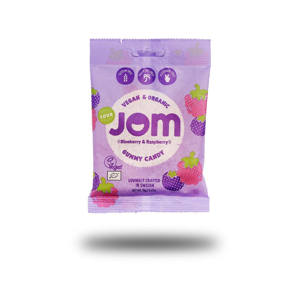 Violette Verpackung mit Aufschrift "Jom". Enthält vegane und Bio-Gummibonbons mit Blaubeere und Himbeere. Mit Qualitätssiegeln.