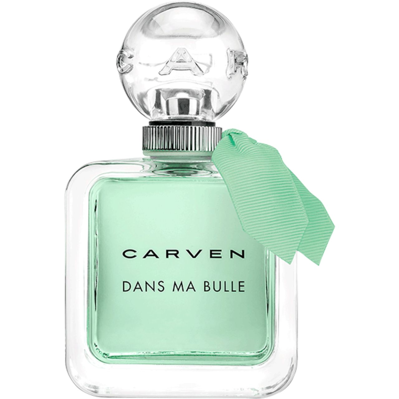 Quadratischer Flakon mit grünlicher Flüssigkeit. Aufschrift: CARVEN DANS MA BULLE. Transparenter Verschluss mit Schriftzug. Mintfarbenes Band.