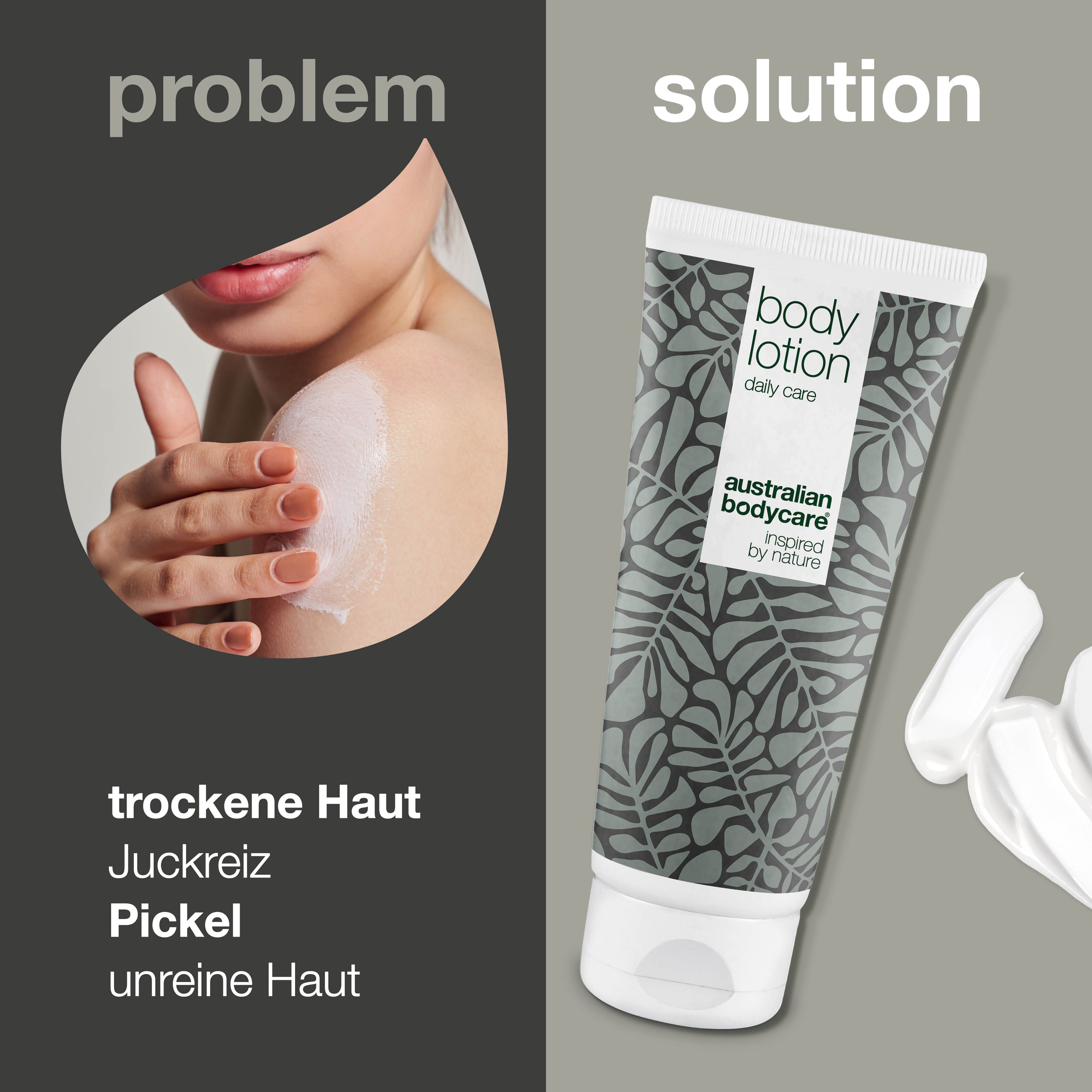 Vergleich: Problem und Lösung. Tube: Body Lotion, daily care. Logo: Australian Bodycare.