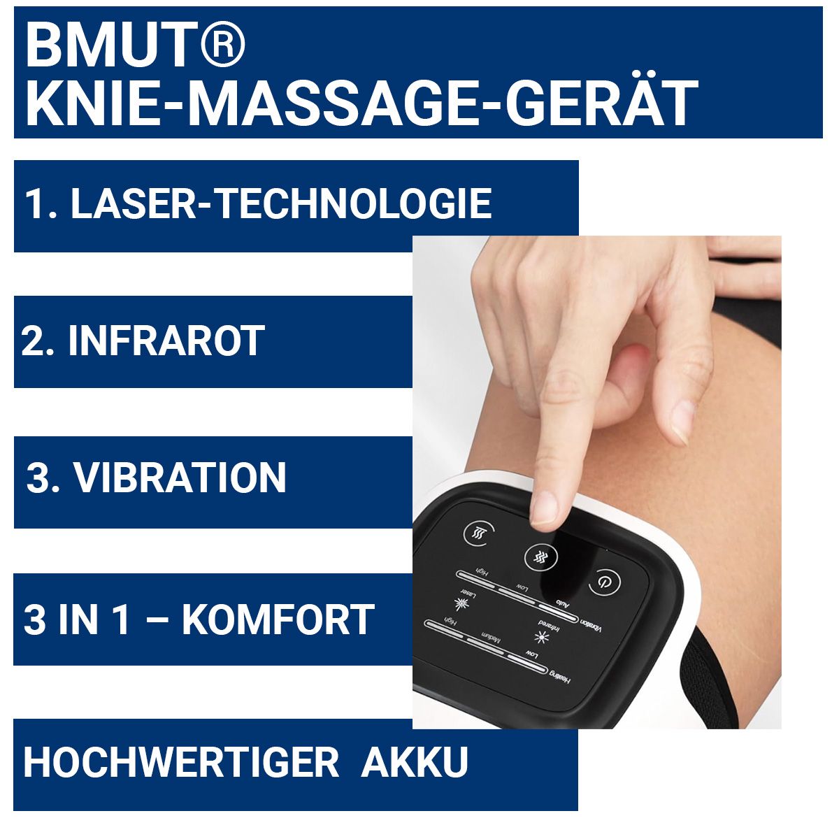 Grafik mit BMUT-Logo und Text: Knie-Massagegerät, Laser-Technologie, Infrarot, Vibration, 3 in 1 Komfort, hochwertiger Akku. Hand bedient Gerät.