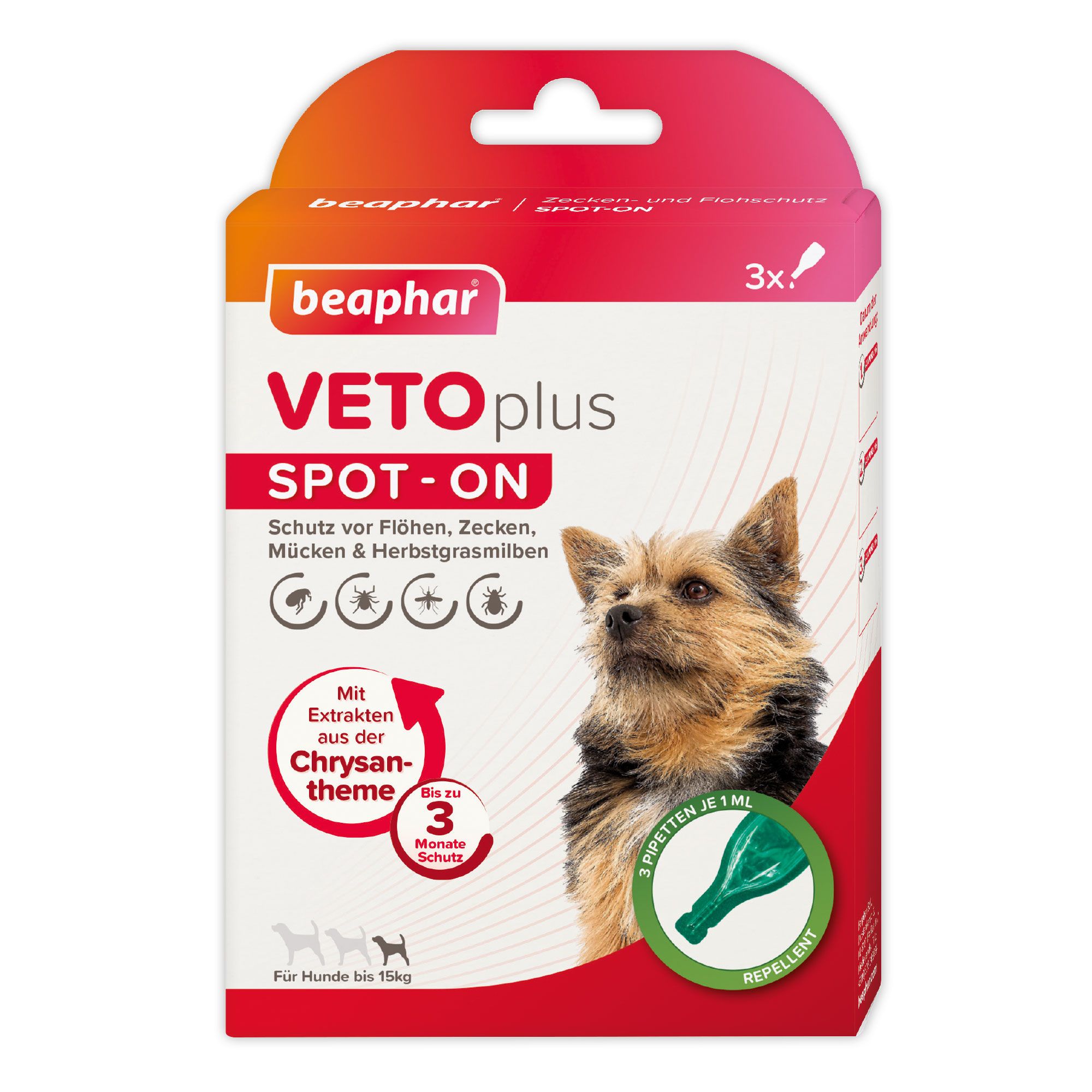 Produktverpackung: Beaphar VETOplus SPOT-ON für Hunde. Schutz vor Flöhen, Zecken, Mücken & Herbstgrasmilben. 3 Pipetten.