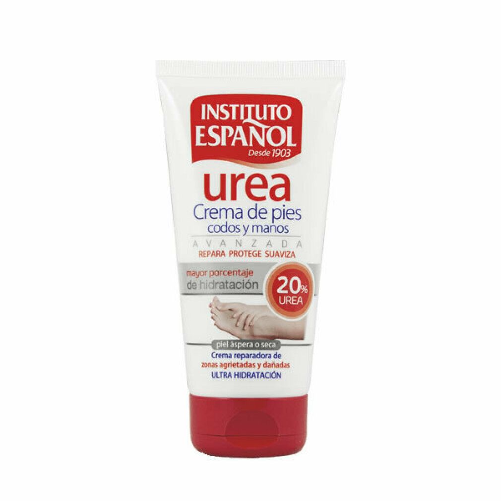Weiße Tube mit rotem Verschluss. Aufschrift: Instituto Español Urea, Creme für Füße, Ellbogen und Hände. Enthält 20% Urea.