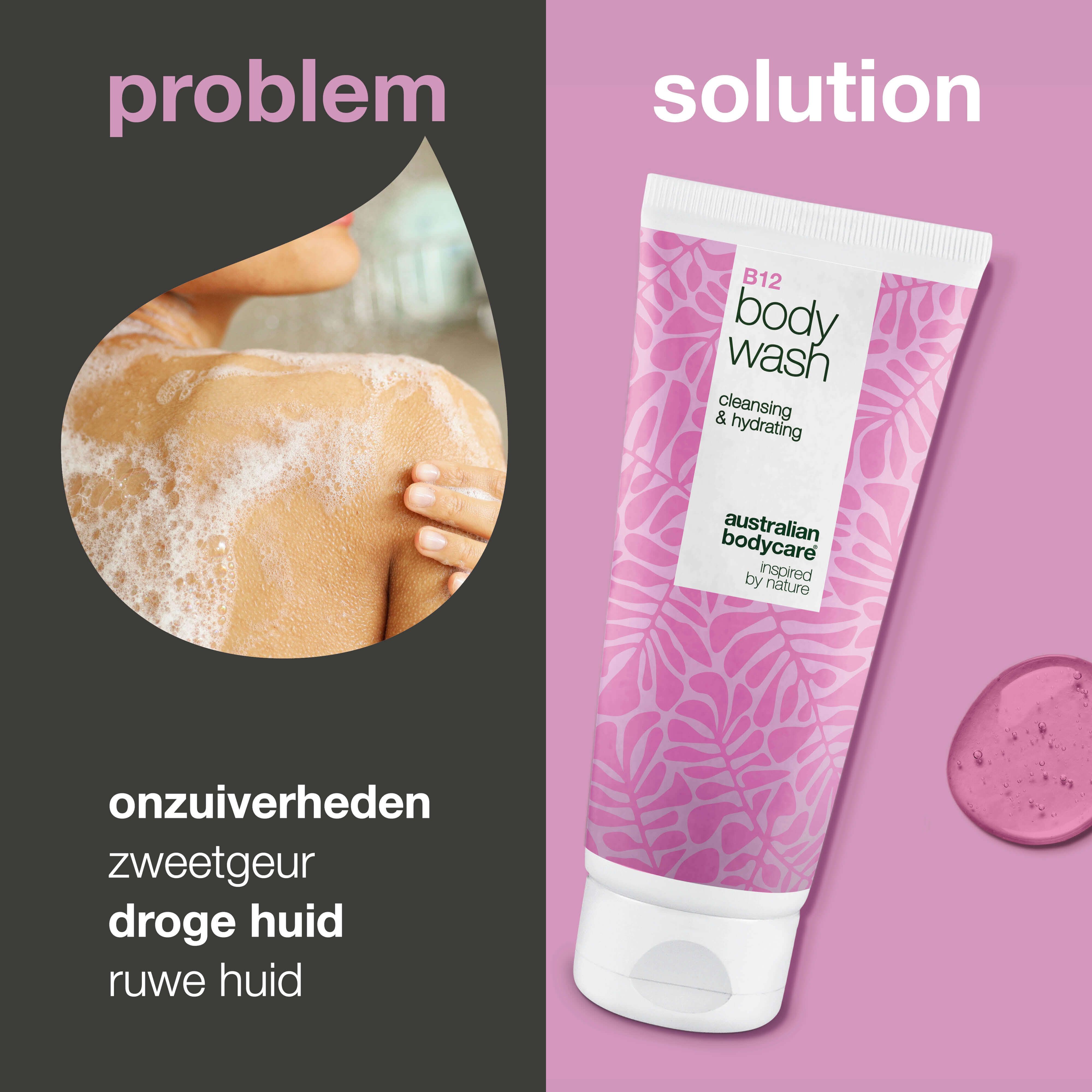 Vergelijking: probleem en oplossing. Links: vrouw onder de douche. Rechts: tube B12 body wash. Tekst: onzuiverheden, geur, droge huid, ruwe huid.