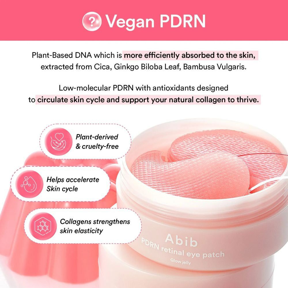 Abbildung von Augenpflastern in einer Dose. Text: Vegan PDRN. Text beschreibt die Inhaltsstoffe und ihre Wirkung auf die Haut.