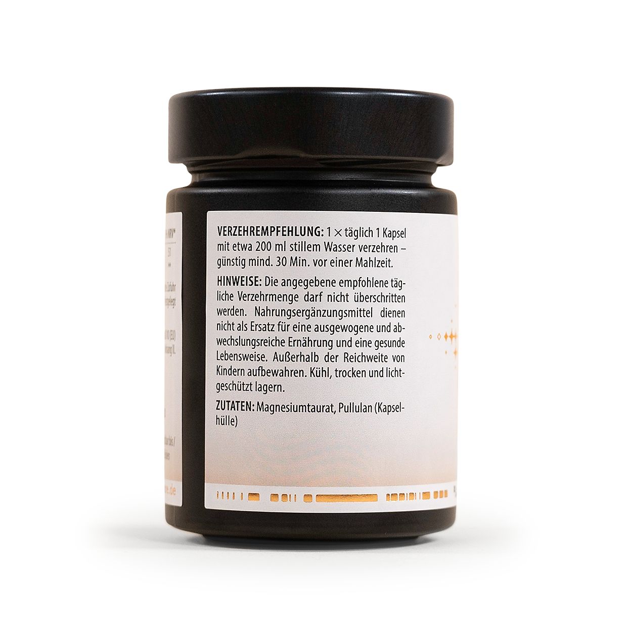 Rückseite einer MITOcare Magnesium Kapseldose. Zeigt Verzehrempfehlung und Hinweise zur Lagerung und Anwendung.