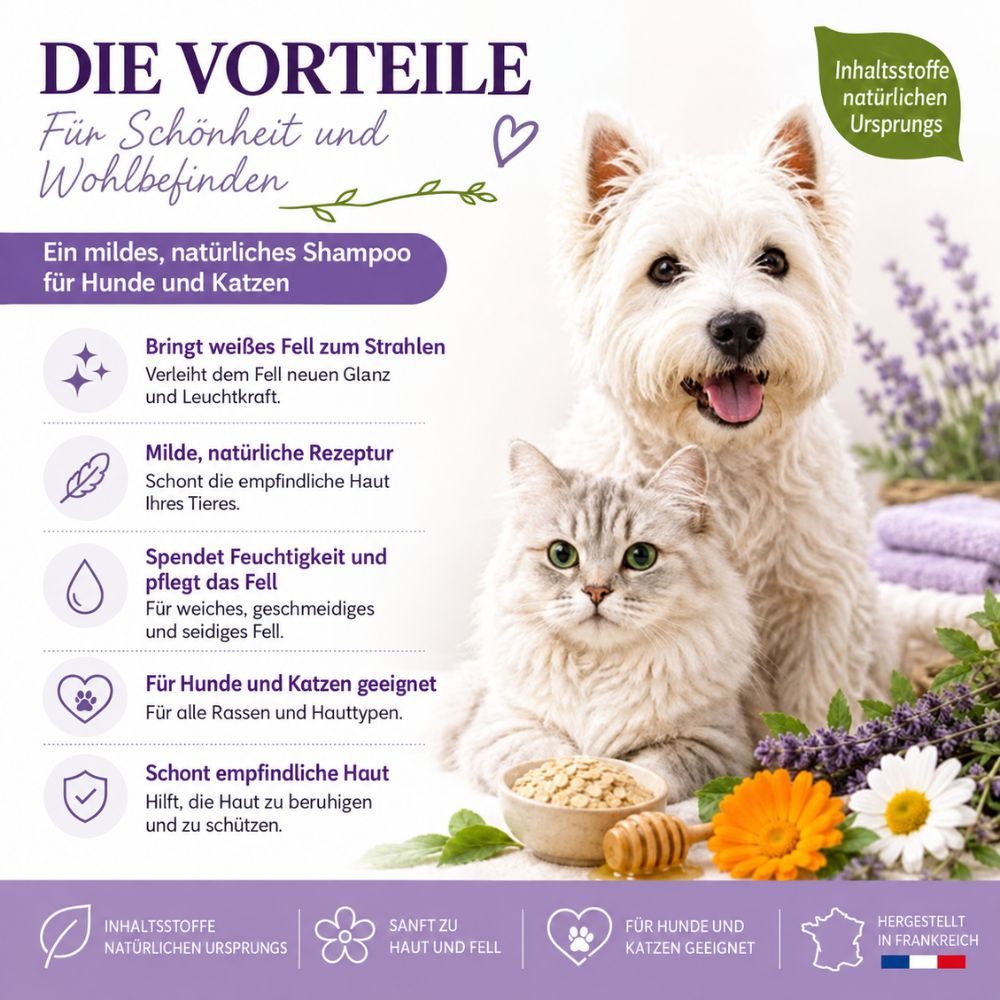 Flasche mit 250ml Shampoo für weißes Fell, gegen Gelbstich, für strahlenden Glanz.