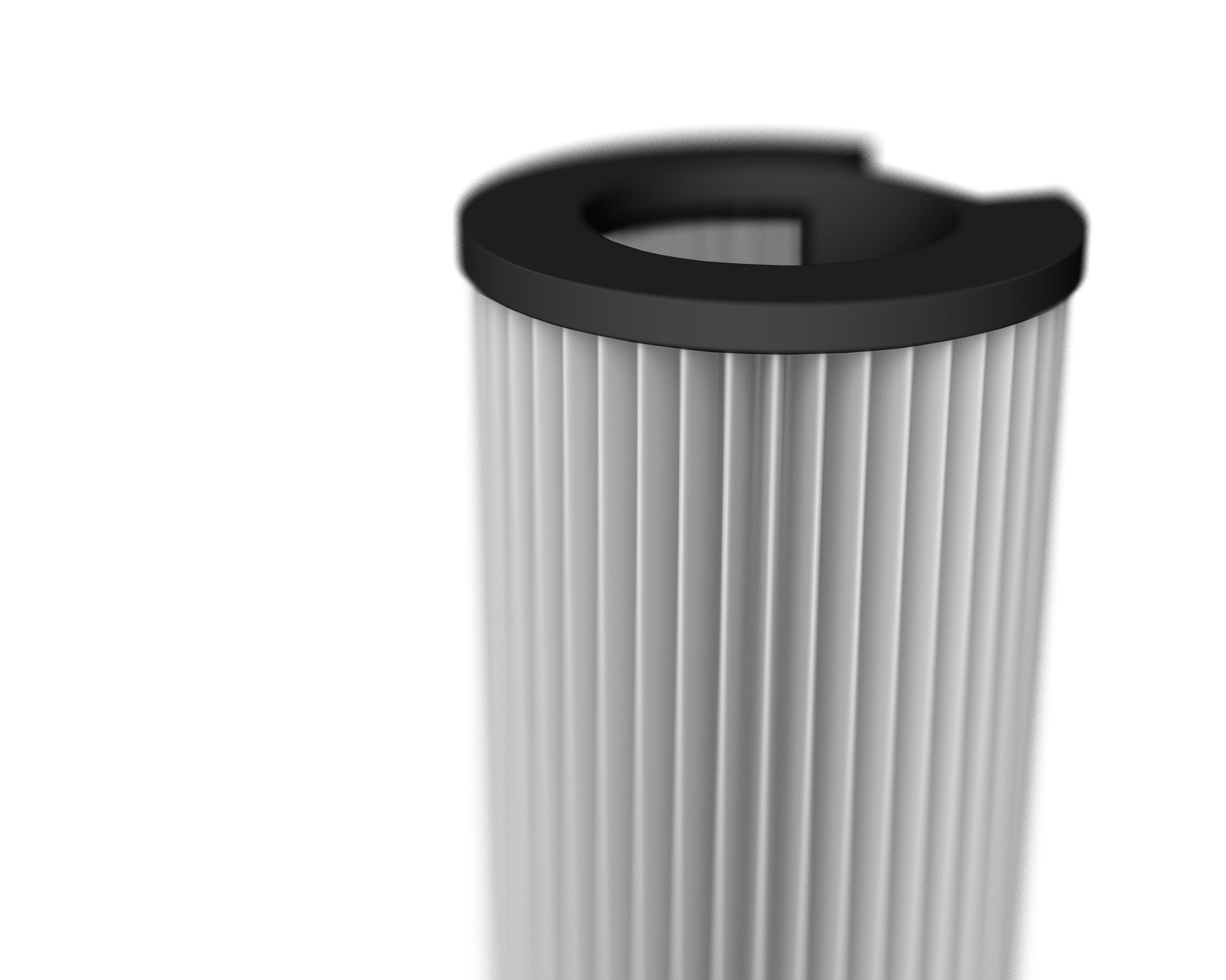 Nahaufnahme eines zylindrischen Filters mit geriffelter Oberfläche. Schwarze Endkappe. Weißer Hintergrund.