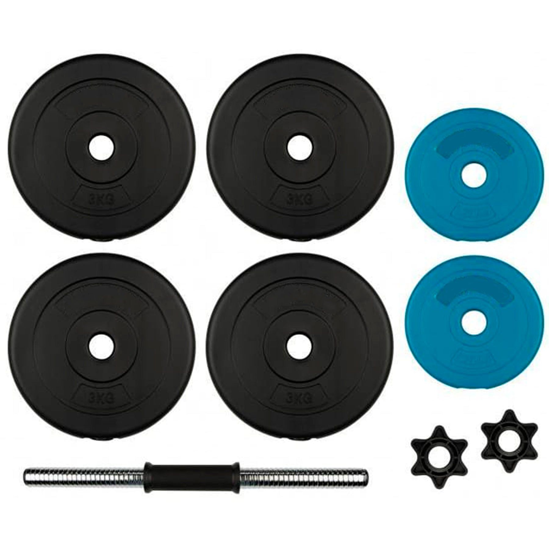 Kurzhantelset-Komponenten. Schwarze Gewichtsscheiben, blaue Scheiben, Metallstange, Schraubverschlüsse. Gewichtsangaben auf Scheiben.