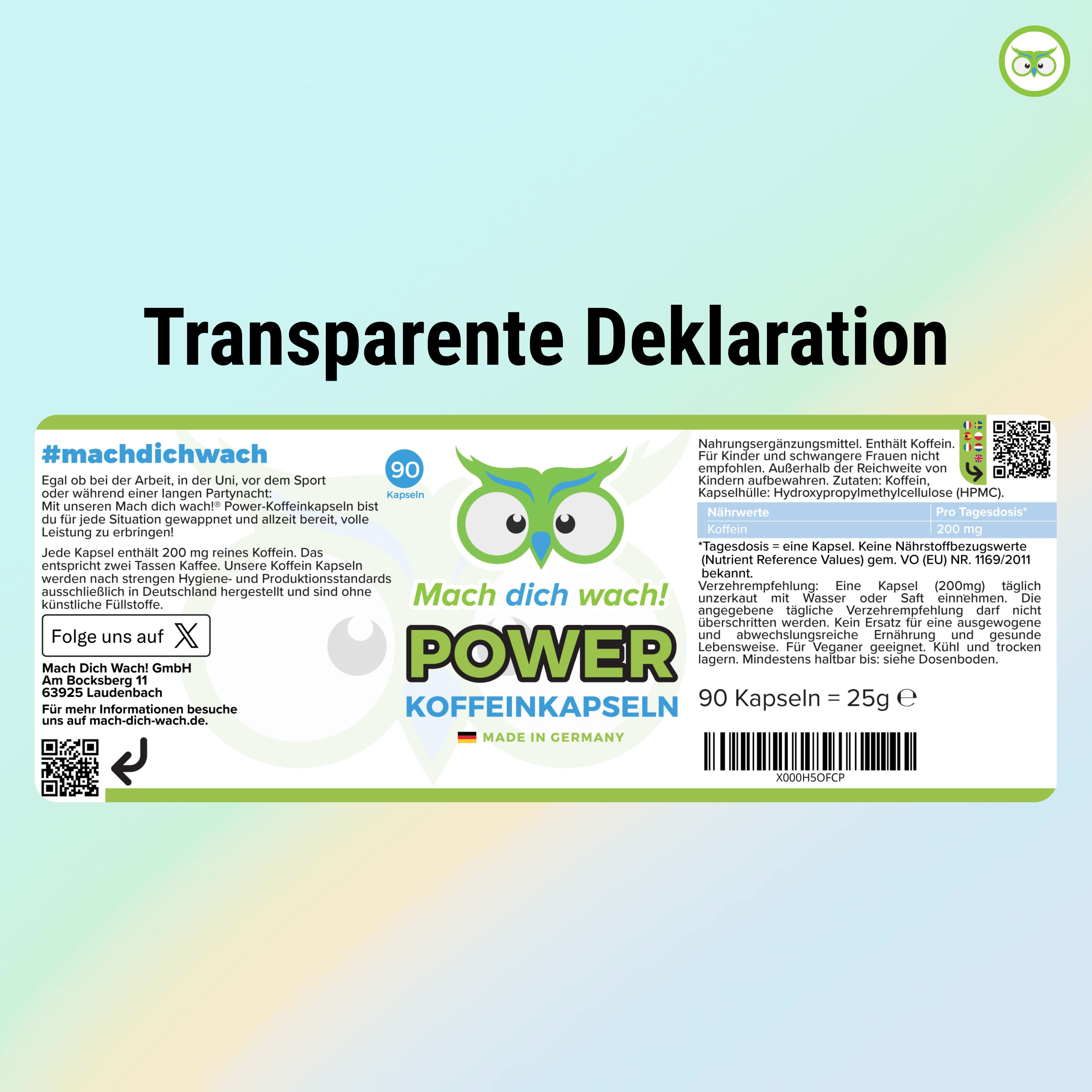 Etikett: Transparente Deklaration. Produkt: Mach dich wach! POWER KOFFEINKAPSELN. 90 Kapseln. 25g. Inhaltsstoffe, Nährwertangaben, Herstelleradresse.