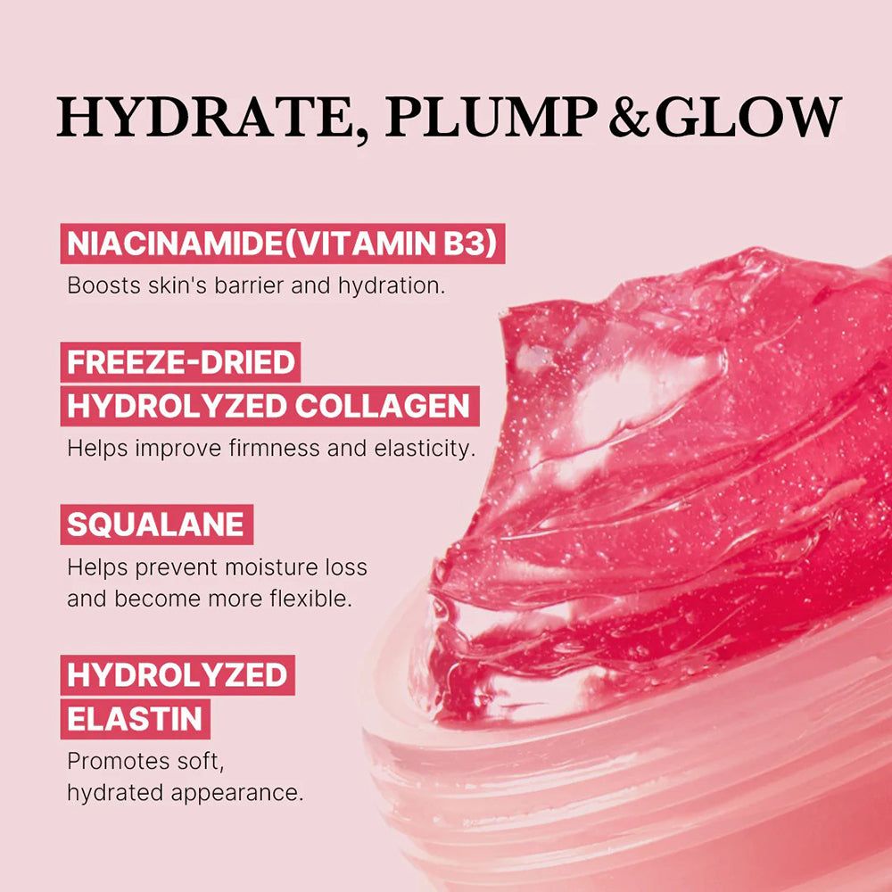 Rosa Creme. Text: Hydrate, Plump & Glow. Inhaltsstoffe: Niacinamid, Freeze-Dried Collagen, Squalane, Hydrolyzed Elastin.