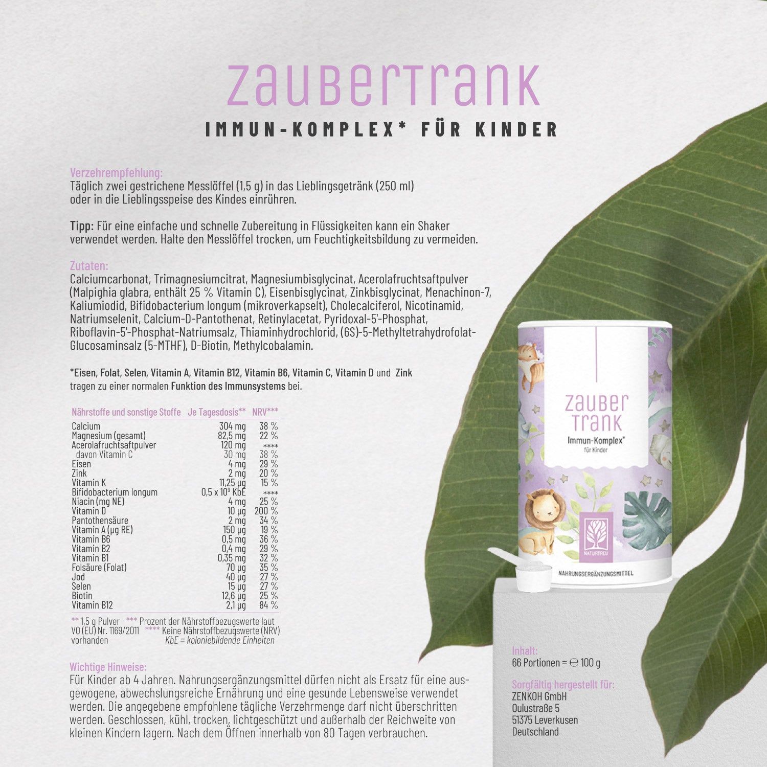 Produktverpackung und Messlöffel. Text: "Zaubertrank Immun-Komplex für Kinder".