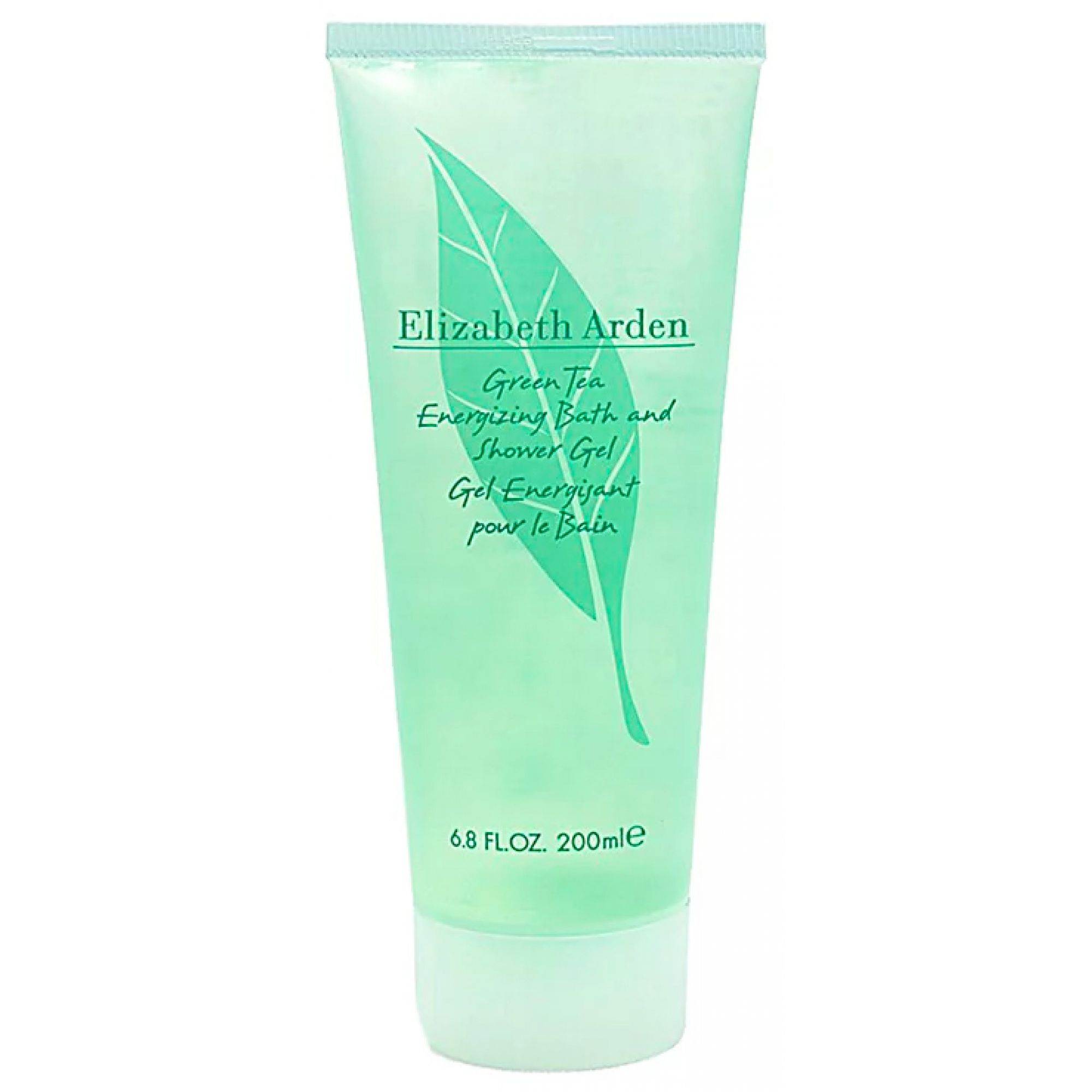 Elizabeth Arden Green Tea Duschgel in durchsichtiger Tube mit Blattmotiv.