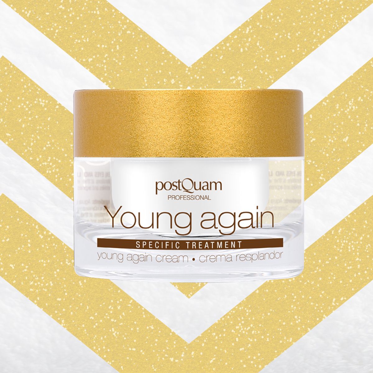 Creme-Glas mit goldfarbenem Deckel. Aufschrift: Young again, Specific Treatment. Marke: Postquam. Hintergrund: Gold-Weiß.