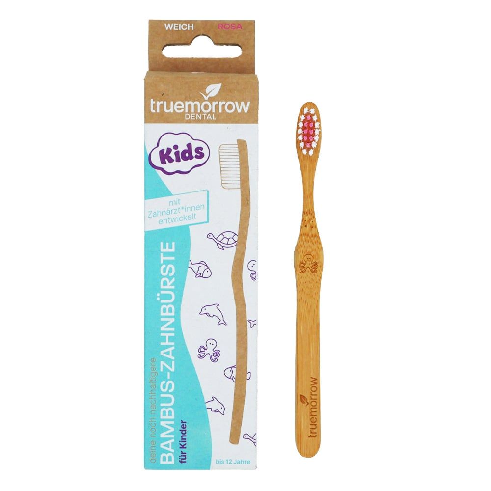 truemorrow Bambus-Zahnbürste für Kinder (mit Meerestier-Gravuren) Rosa / Weich
