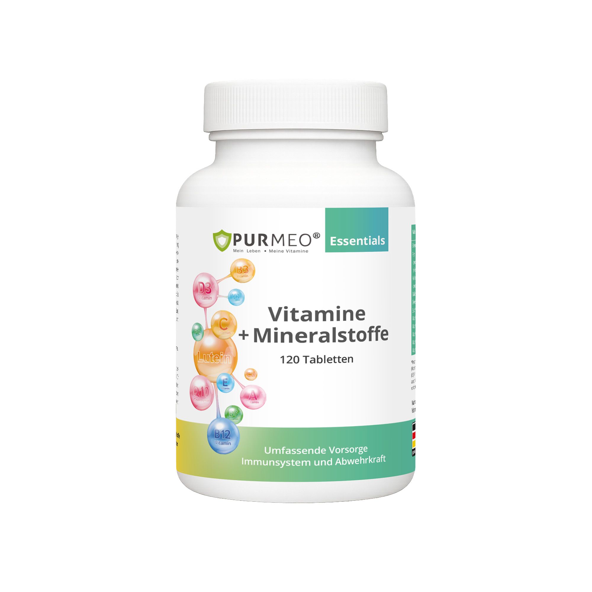 Weiße Flasche mit Tabletten. Aufschrift: Vitamine + Mineralstoffe, 120 Tabletten. Marke PURMEO Essentials.