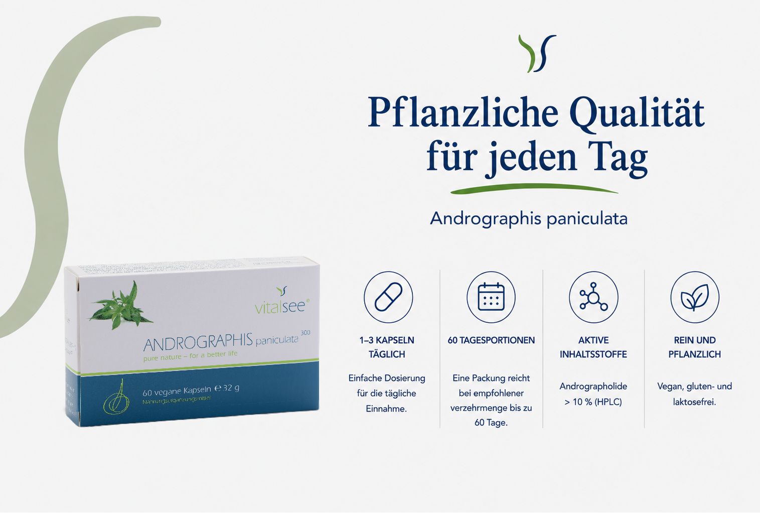 Verpackung von Andrographis paniculata Kapseln mit Informationen zu Dosierung und Inhaltsstoffen.