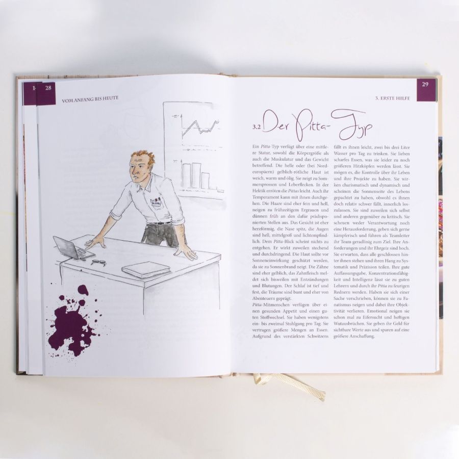 Offenes Buch mit Illustrationen und Text. Mann am Schreibtisch mit Laptop. Text in deutscher Sprache. Lesezeichen.
