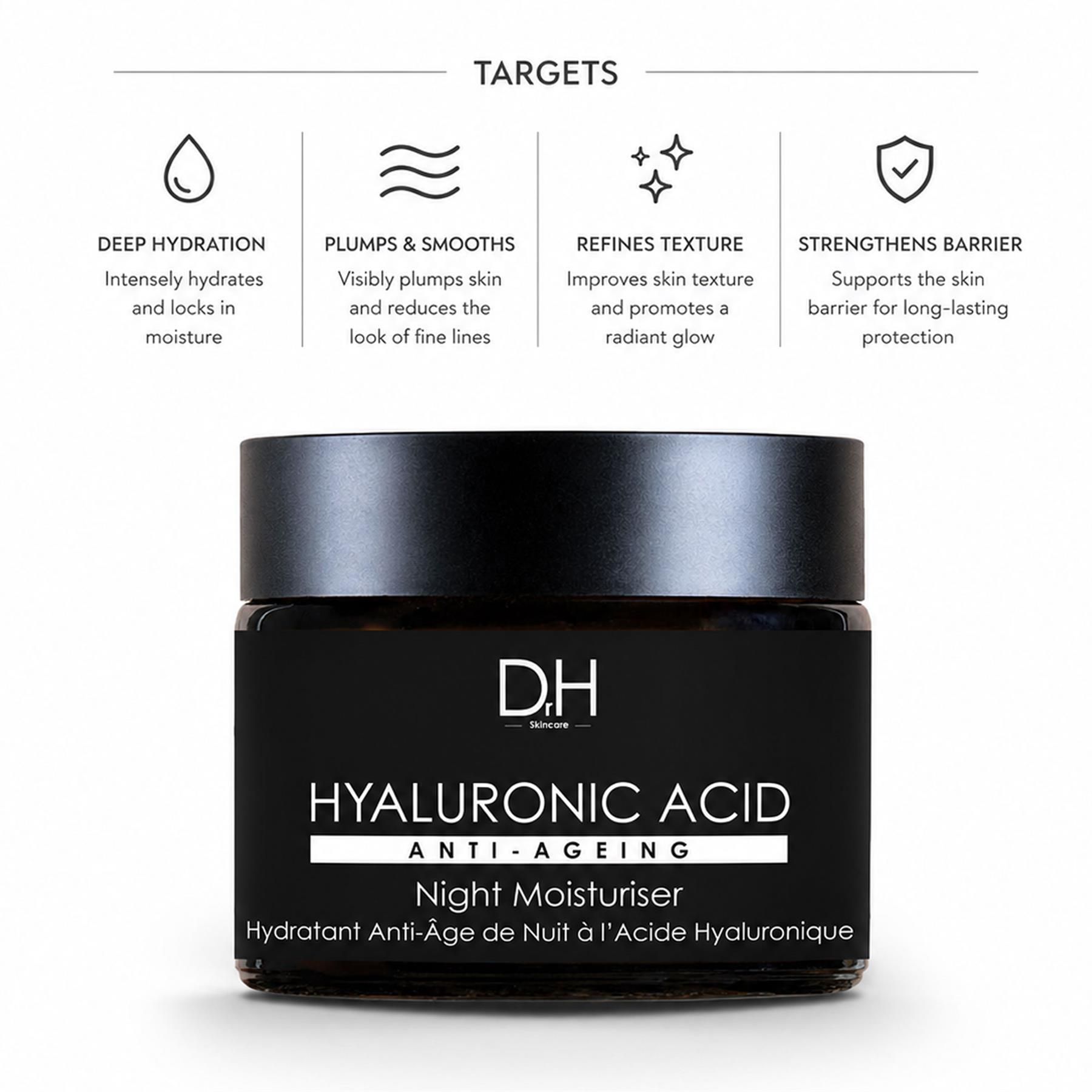 Dr H Hyaluronsäure Anti-Aging Nachtcreme mit Icons für Hautpflegeziele.