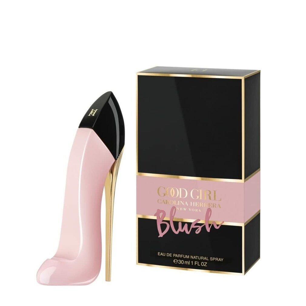Ein rosa Pumps-Parfümflakon mit goldenem Absatz neben einer schwarzen Verpackungsbox mit rosa Akzenten.